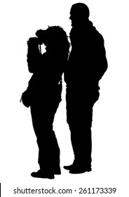 Women and man with a camera on white background