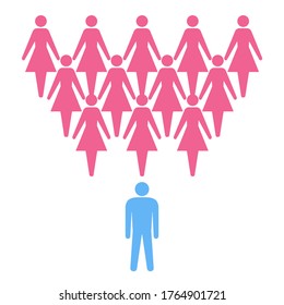 Women and man conceptual scheme. Illustration of multiple choice, complicated relationships, polygamy, complex feelings. Psychological problem.