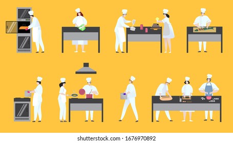 Mujeres y hombres cocinan deliciosos platos en el restaurante en lugares de trabajo cocinados en ilustraciones vectoriales hechas a mano. Chefs profesionales uniformados, cocina, postre para cocinar, pastelería, tarta en sartén, olla