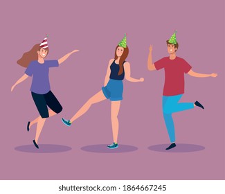 women and man dancing with party hat design, celebration event happy birthday holiday surprise anniversary and decorative theme Vector illustration