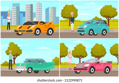 Women and man of different generations next to their personal transport. Stages of development of lady, adolescence, maturity, old age. Elderly, adult and young people standing near automobiles, cars