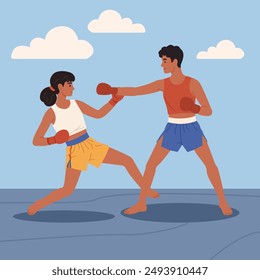 A women and man do muay thai training with jab and hook movement flat illustration.