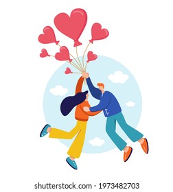 Women and man are flying on heart shaped balloons,  love wings, romantic couple. Valentine day vector illustration and greeting card