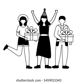 women and man with gift boxes birthday celebration vector illustration