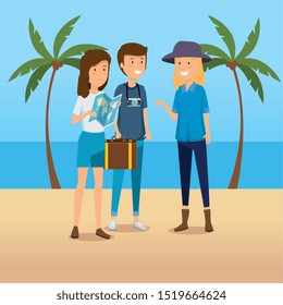 women and man with global map and camera