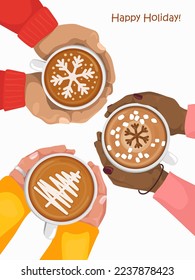 Women and man hands holding coffee cups with latte art and marshmallow. Cappuccino crema with snowflake and Christmas tree shape. Top view. New year concept. Isolated.