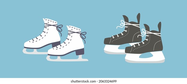 Women, man ice skates. Man, women ice skating on rink.Slides. Active lifestyle.Winter sport,active male, female leisure.Outdoor activity.Hockey. Figure skating. Color Isolated flat vector illustration