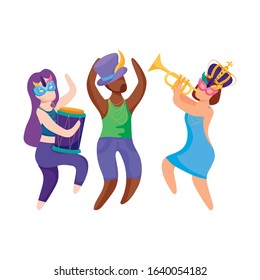 Women and man with Mardi Gras hat crown and masks design. Party carnival decoration celebration festival holiday fun new Orleans and traditional theme. Vector illustration.