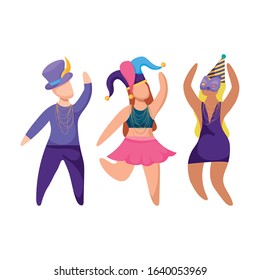 Women and man with Mardi Gras hats and mask design, Party carnival decoration celebration festival holiday fun New Orleans and traditional theme. Vector illustration.