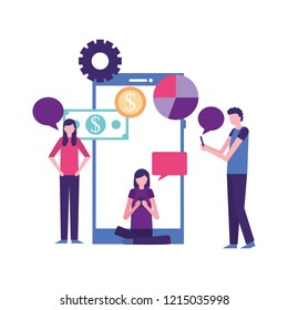 women and man with mobile chatting business