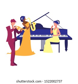 women and man musicians concert event classic instrument vector illustration