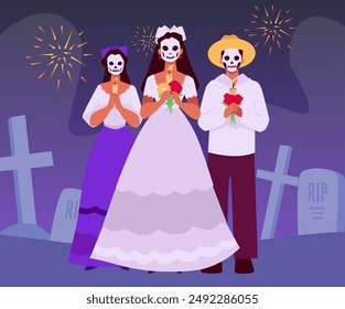 Women and man with painted sugar skull face mask holding candles and flowers on the night cemetery vector flat illustration. Dia de los muertos Mexican holiday. Day of the dead celebration