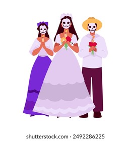 Women and man with painted sugar skull face mask holding candles and flowers vector flat illustration. Dia de los muertos Mexican holiday. Day of the dead celebration