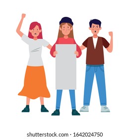 women and man protestating with blank placard over white background, colorful design, vector illustration