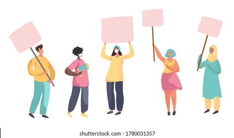 Women and Man Protesting in the Street during Quarantine.Different Nationalities.Concept of Public Protest,Meeting,Street Demonstration.
Protester Holding Banner.Vector Illustration of Placard Protest