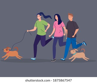 women and man running with dogs design, Outdoor activity theme Vector illustration