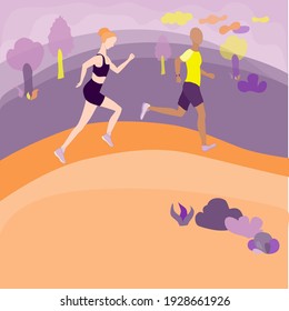 Women and Man running in the park. Enthusiastic couple running fast on the park alley. Outdoor sport activity as a part of healthy lifestyle. Surrealistic Landscape as a backdrop. Flat vector design.