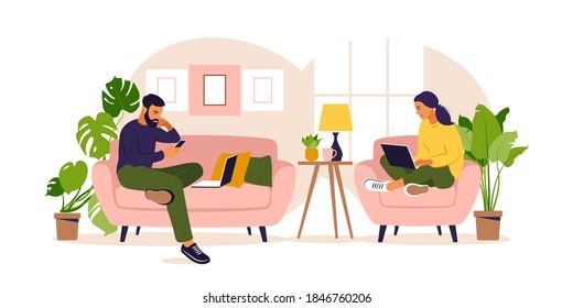 Women and man sitting in a sofa and working online at home. Freelance, online education or social media concept. Vector illustration isolated on white. Flat style.