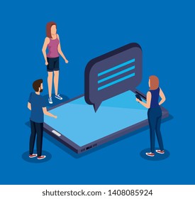 women and man with smartphone and chat bubble