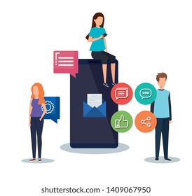 women and man with smartphone technology and media information
