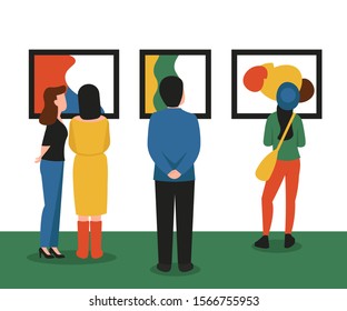 Women and man turned back, in art gallery view paintings. Visitors viewing modern abstract paintings on exhibition. Flat vector colorful cartoon illustration.