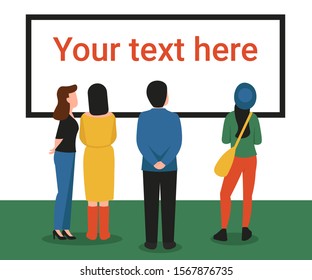 Women and man turned back, in art gallery viewing painting with blank space for your text and design. Blank board mockup, Copy space. Tell a Story concept flat vector illustration.