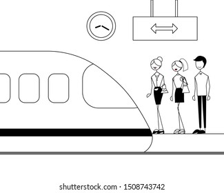 Women and man waiting for train at train station to go to work office  