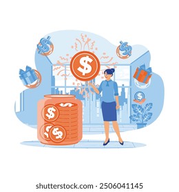 Women manage personal finances. The woman keeps money in a glass jar. Saving Money concept. Flat vector illustration.