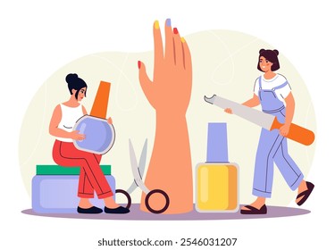 Mulheres com manicura. Meninas com equipamentos para cortar unhas. Beleza e estética. Manicurista com esmalte de unhas. Ilustração de vetor plano isolada no plano de fundo branco