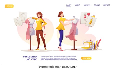 Women With Mannequins. Sewing Machine, Patterns And Sketches. Fashion Designer, Dressmaker, Seamstress, Sewing Workshop Or Courses, Tailoring Concept. Vector Illustration For Banner, Advertising.