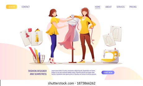 Women with mannequins. Sewing machine, patterns and sketches. Fashion designer, dressmaker, seamstress, sewing workshop or courses, tailoring concept. Vector illustration for banner, advertising.