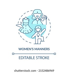 Women manners turquoise concept icon. Elegant and strong woman. Social etiquette abstract idea thin line illustration. Isolated outline drawing. Editable stroke. Arial, Myriad Pro-Bold fonts used
