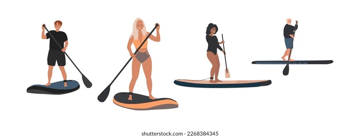 Mujeres y hombres a bordo, concepto de sup board. Varios Sup surfistas a mujeres negras, hombre mayor, colecciones.Dibujo vectorial plano de dibujos animados aislado de fondo