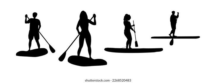 Silueta de mujeres y hombres en la pizarra, concepto de sup boarding. Varios Sup surfistas silueta mujer negra, anciano, colecciones.Ilustración del vector plano de dibujos animados aislados del fondo