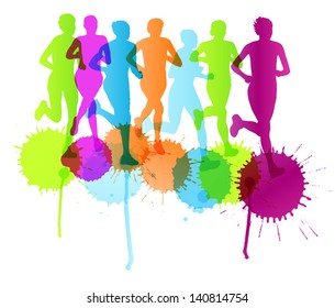 Women marathon winner finish vector abstract color splash background and group of runners