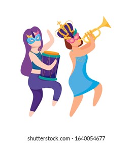 Women with Mardi Gras crown masks drum and trumpet design. Party carnival decoration celebration festival holiday fun New Orleans and traditional theme. Vector illustration.
