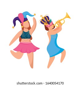 Women with Mardi Gras hat crown mask and trumpet design. Party carnival decoration celebration festival holiday fun New Orleans and traditional theme. Vector illustration.