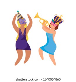 Women with Mardi Gras hat crown masks and trumpet design. Party carnival decoration celebration festival holiday fun New Orleans and traditional theme. Vector illustration.