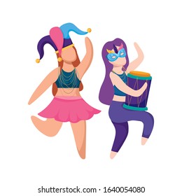 Women with Mardi Gras hat mask and drum design. Party carnival decoration celebration festival holiday fun New Orleans and traditional theme. Vector illustration.