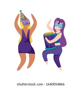 Women with mardi gras hat masks and drum design. Party carnival decoration celebration festival holiday fun New Orleans and traditional theme. Vector illustration.