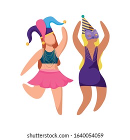 Women with Mardi Gras hats and mask design. Party carnival decoration celebration festival holiday fun New Orleans and traditional theme. Vector illustration.