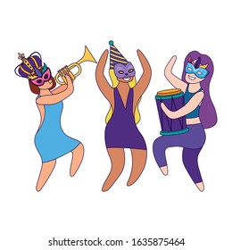 Women with mardi gras mask hat crown drum and trumpet design, Party carnival decoration celebration festival holiday fun new orleans and traditional theme Vector illustration