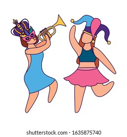 Women with mardi gras mask hat crown and trumpet design, Party carnival decoration celebration festival holiday fun new orleans and traditional theme Vector illustration