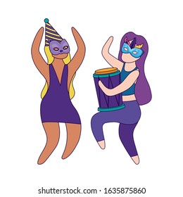 Women with mardi gras mask hat and drum design, Party carnival decoration celebration festival holiday fun new orleans and traditional theme Vector illustration