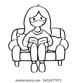 Las mujeres con máscara están leyendo un libro mientras están sentadas en un sofá amarillo, rodeadas de cojines rosas, que representan la nueva normalidad del ocio en el interior durante las precauciones de salud.