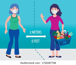 women with mask and shopping basket with supplies to quarantine provention, vector illustration