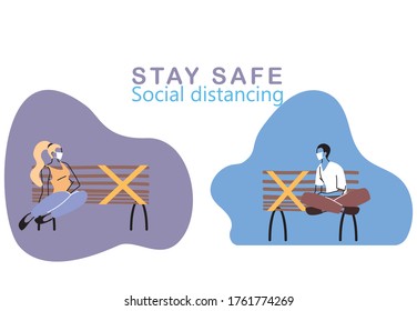women with mask sitting at safe distance vector illustration desing