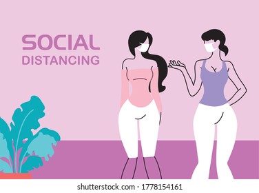 women with mask in social distancing vector illustration desing