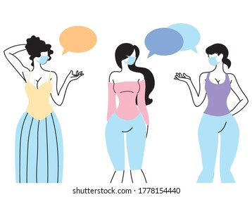 women with mask talking by bubble vector illustration desing