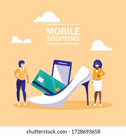 Women with masks heel credit card and smartphone design of Mobile shopping online ecommerce and covid 19 virus theme Vector illustration